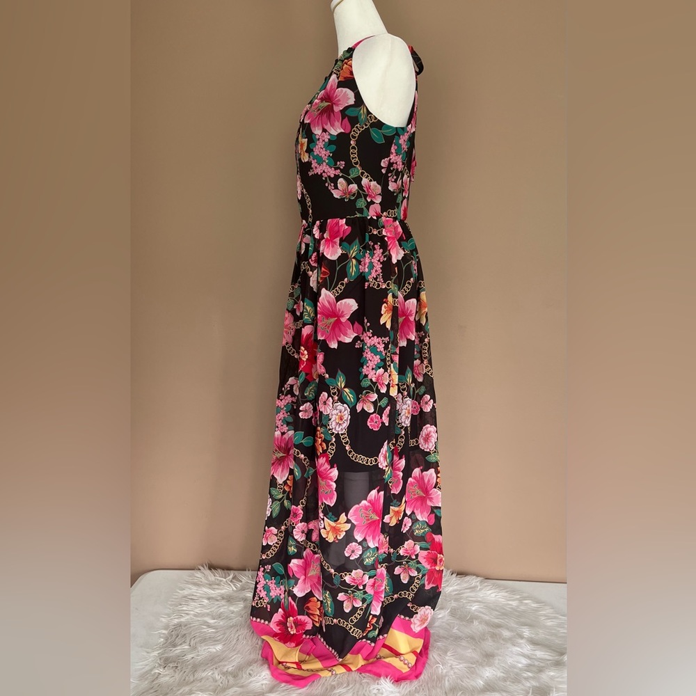{Nicole Miller} Floral & Chain Maxi Dress Sleeveless in Black - Women's 6 - Picture 9 of 11